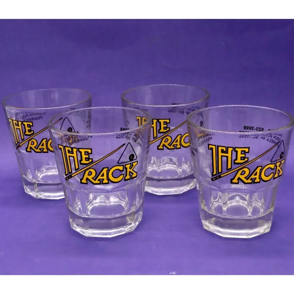 Set of 4 Vtg Advertising Rocks Glasses - The Rack‎ Pool Hall Advertising Barware